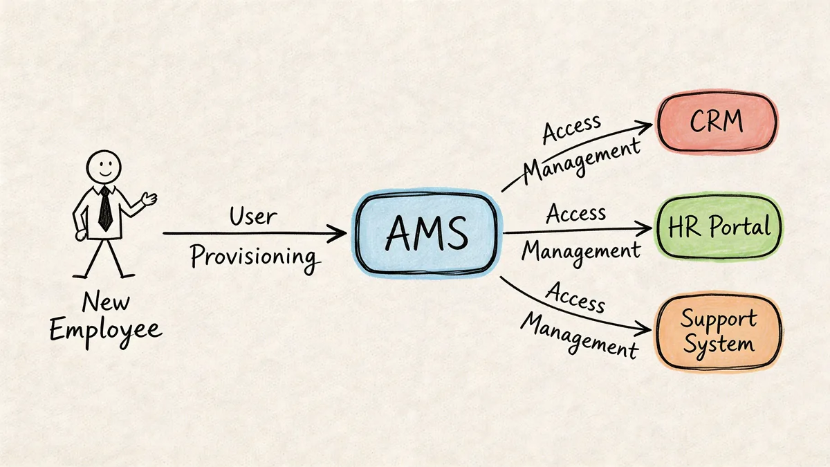 A diagram illustrating the role of an AMS in user provisioning and managing access to various systems.