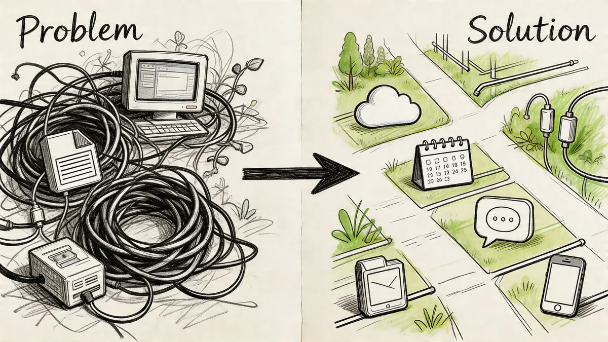 A hand-drawn illustration contrasting a messy, tangled computer setup with clean, modern digital technology solutions.