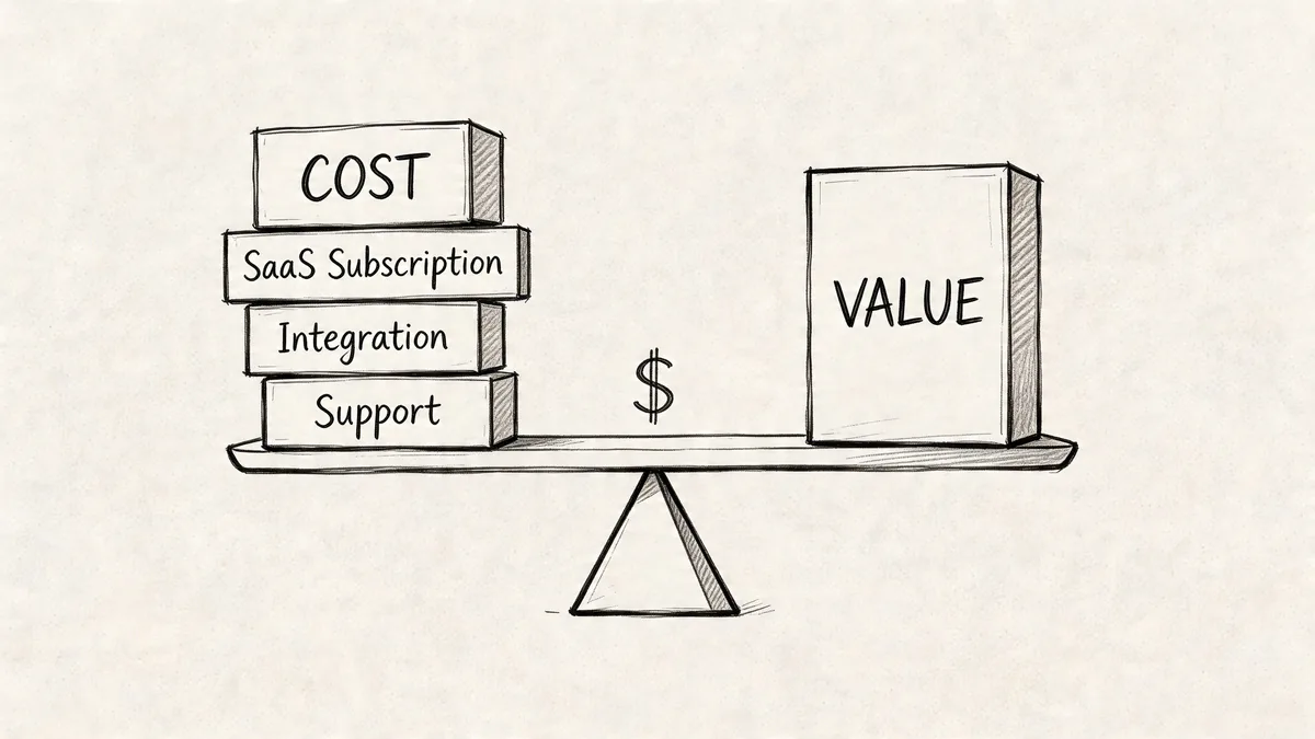 A hand-drawn scale illustration balancing SaaS costs, integration, and support against business value with a dollar symbol.