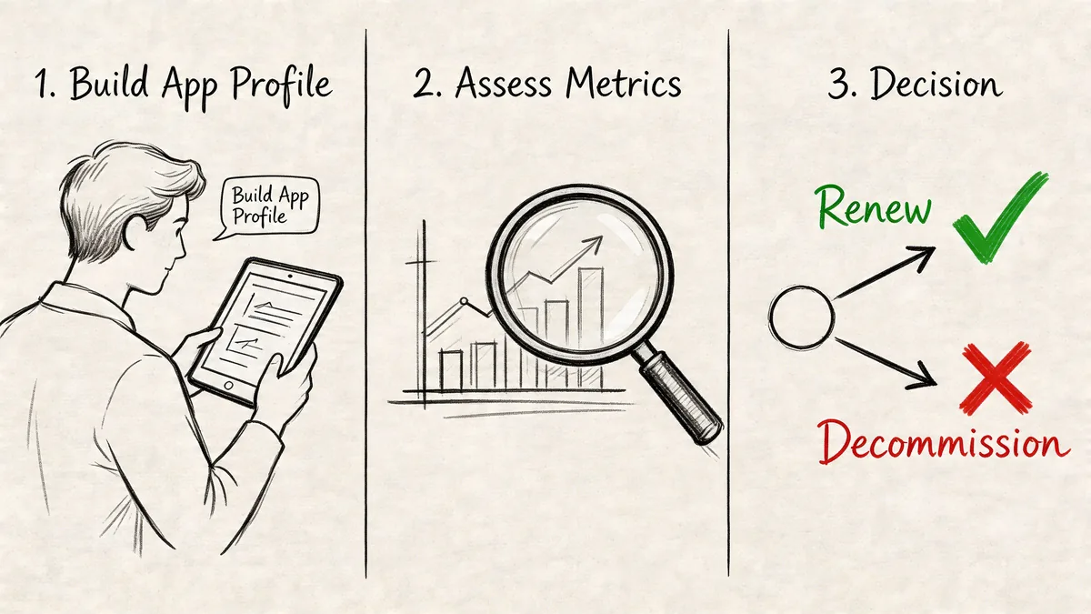 A three-step infographic showing application portfolio management through profile building, metric assessment, and renewal or decommissioning decisions.