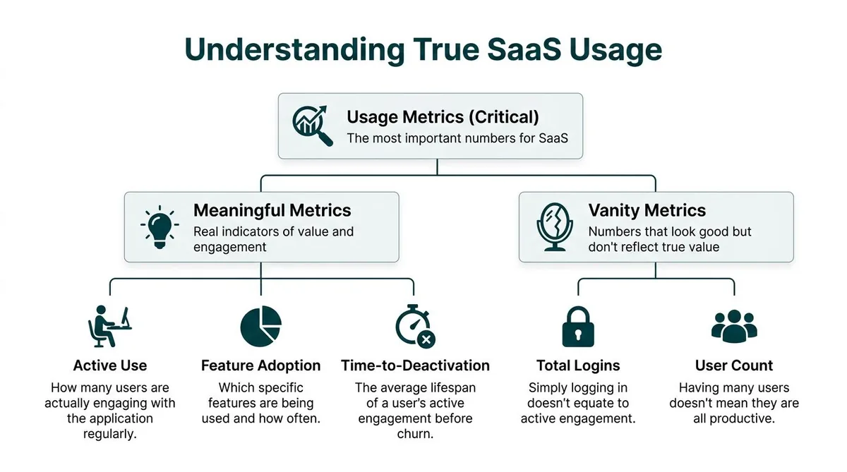 A flowchart explaining the difference between meaningful and vanity SaaS usage metrics for application portfolio management.
