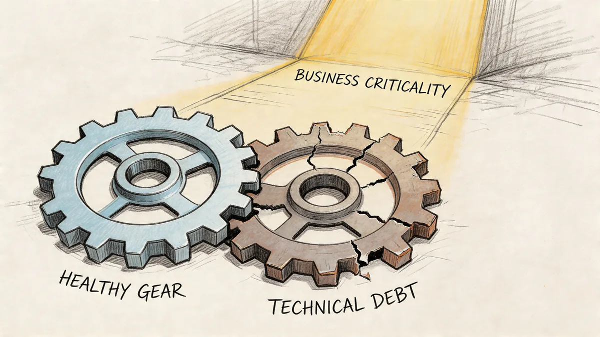 A conceptual illustration showing a healthy gear alongside a cracked gear representing technical debt and business criticality.