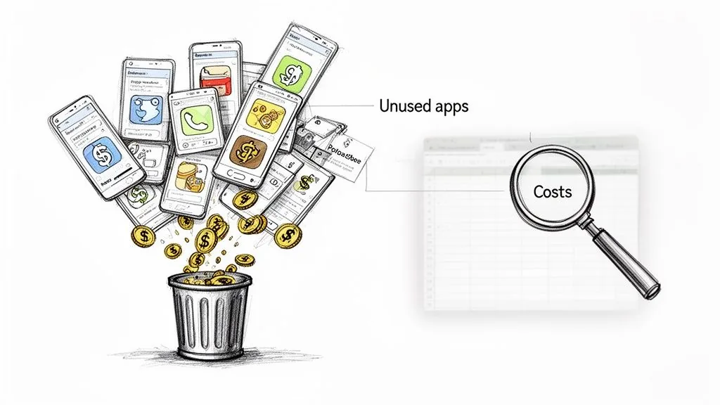 Illustration of unused applications and money being thrown away, highlighting associated costs in a spreadsheet.
