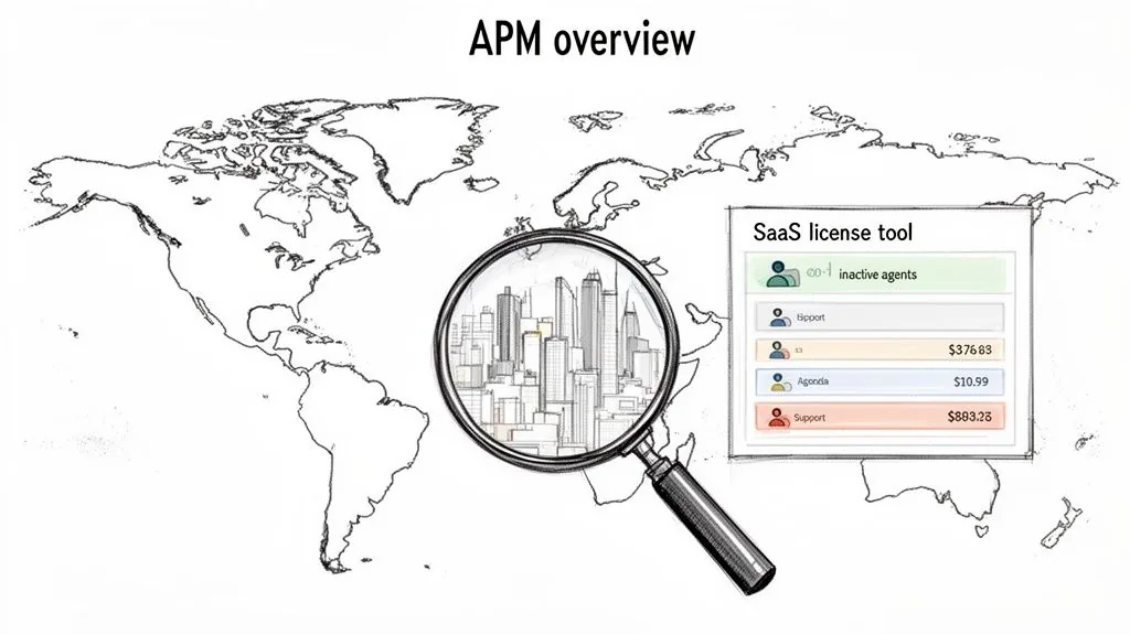 APM overview showing a world map, a magnified city, and a SaaS license tool dashboard.