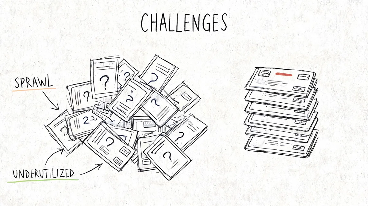 A hand-drawn illustration depicting challenges like software sprawl and underutilized applications, contrasting scattered papers with a neat stack.