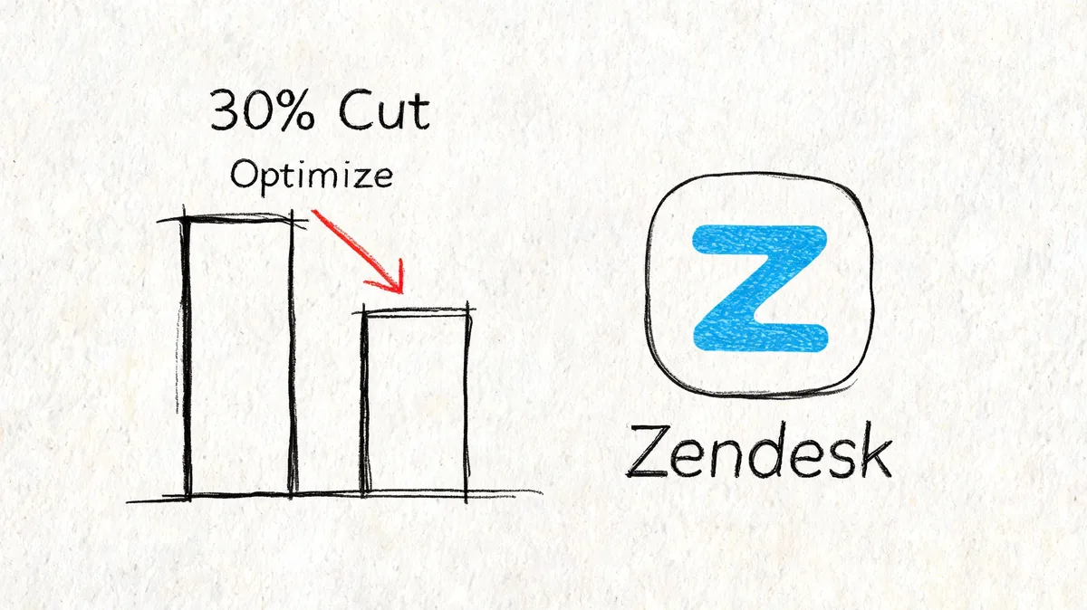 A hand-drawn illustration showing a thirty percent reduction bar graph next to the Zendesk application software logo.