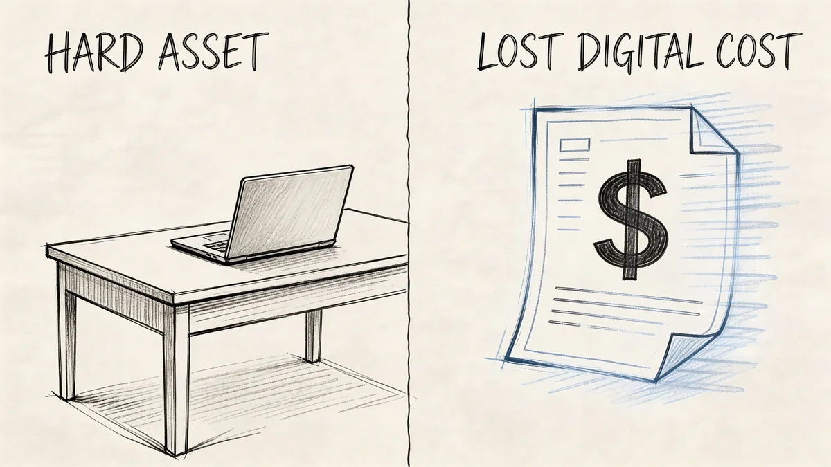 A split image illustration comparing a physical laptop on a desk versus a digital dollar sign document.
