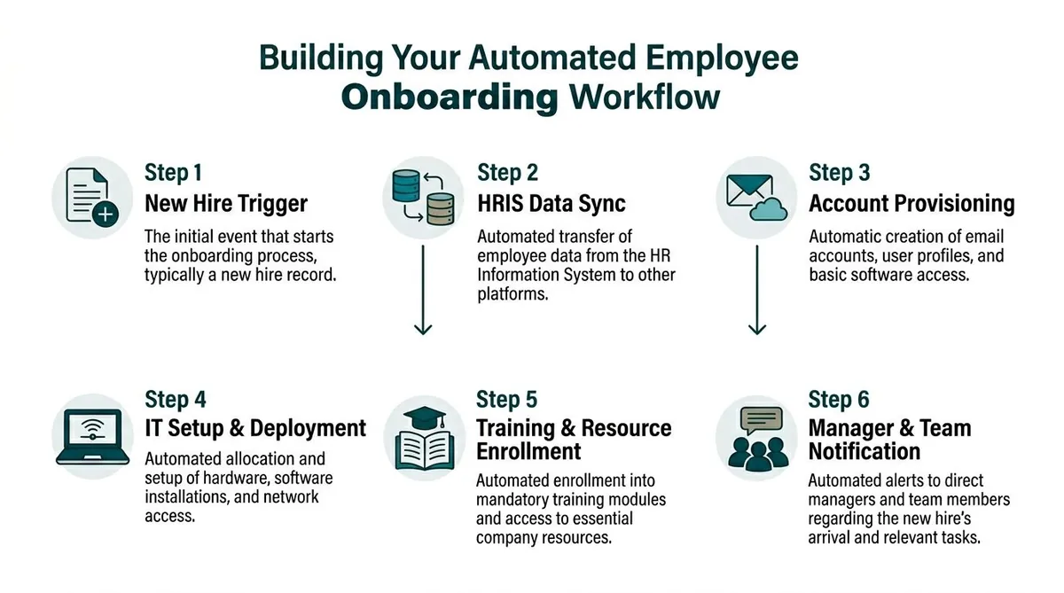 A six-step infographic showing the workflow for building an automated employee onboarding process from trigger to notification.