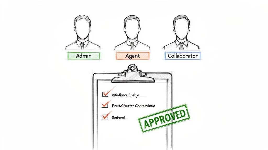 Illustration depicting three user roles: Admin, Agent, and Collaborator, with an approved checklist.