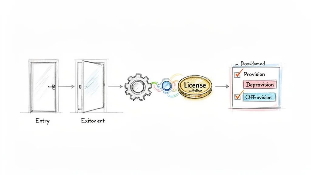 A diagram illustrating the software license management lifecycle from entry to exit, with provisioning and deprovisioning steps.