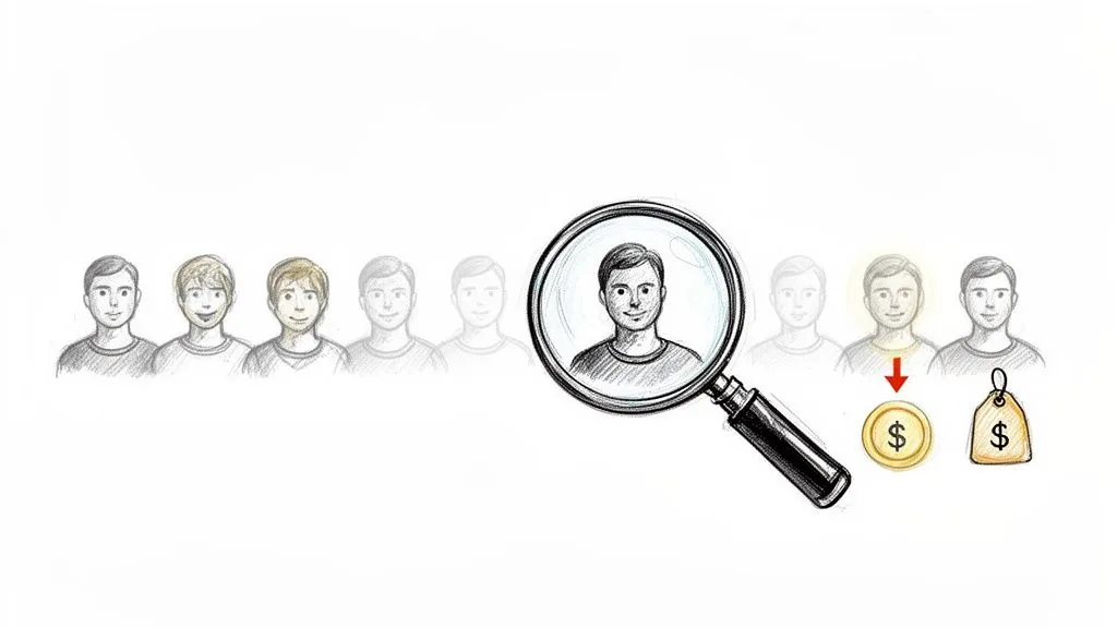 A magnifying glass identifies a valuable individual from a crowd, leading to a coin and price tag.