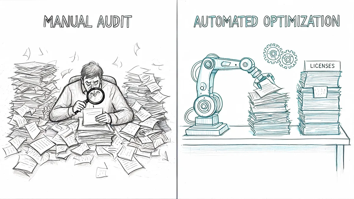 A comparison showing a man manually auditing paper stacks versus a robot automating software license management processes.