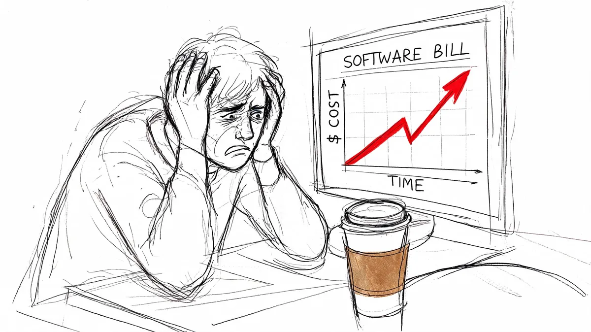 A distressed man looking at a computer screen showing a rising software bill cost graph.