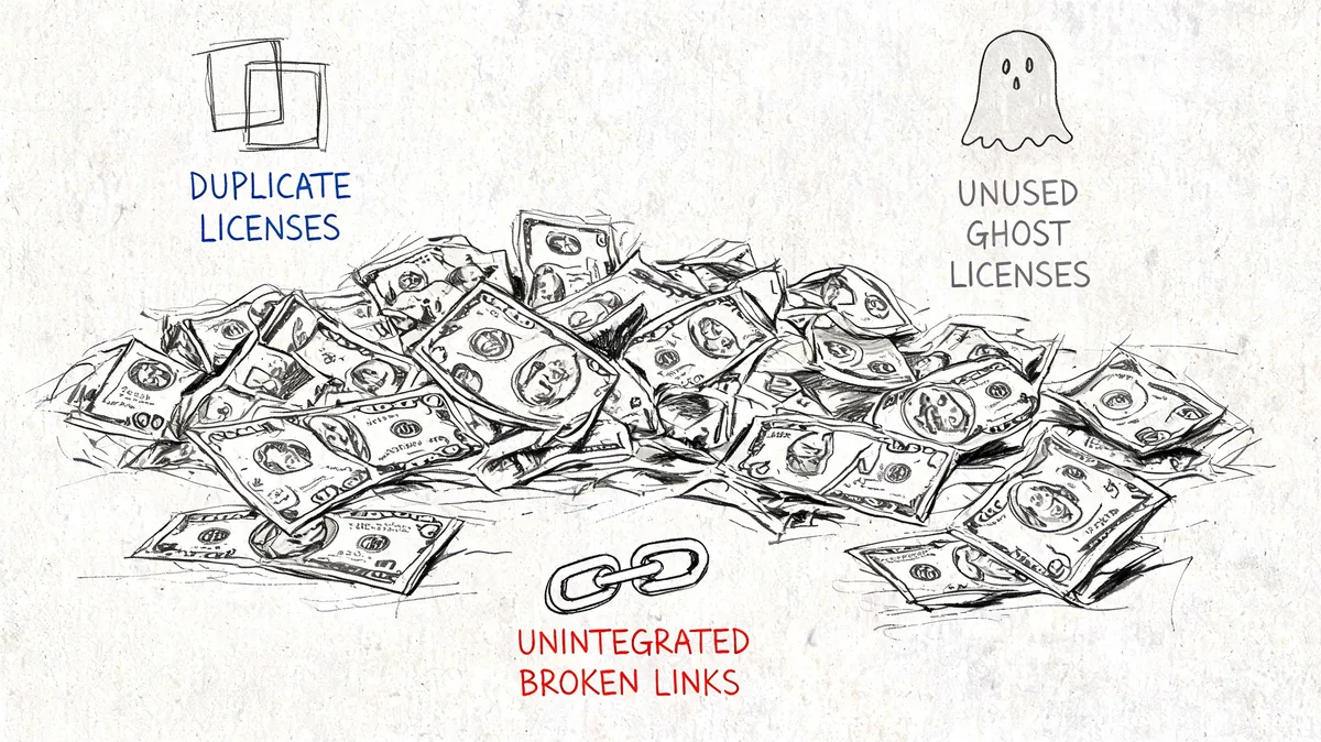 A hand-drawn illustration showing a pile of money representing wasted software license costs and unintegrated systems.