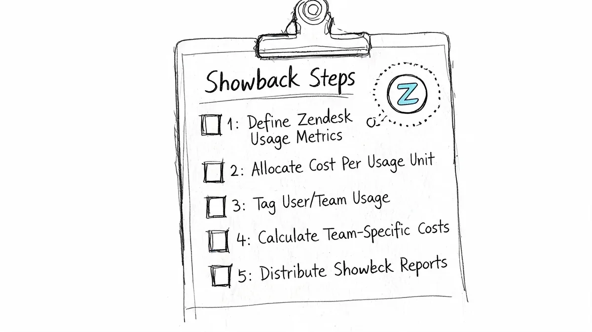 A hand-drawn checklist on a clipboard outlining five steps for implementing a Zendesk showback process.