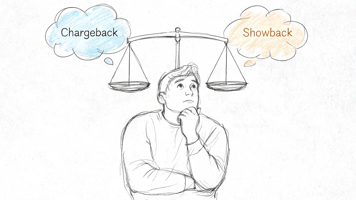 A person contemplating the decision between chargeback and showback models represented on a balanced scale.