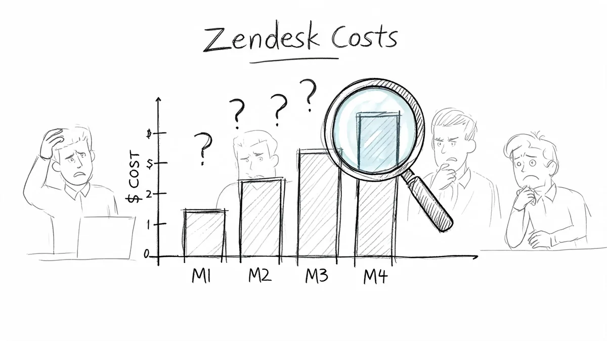A hand-drawn illustration showing a bar chart of Zendesk costs being analyzed by several confused people.