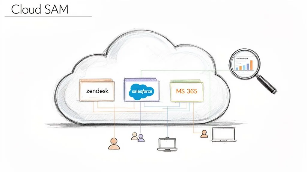 Cloud-based Software Asset Management (SAM) with applications like Zendesk, Salesforce, MS 365, connecting users and devices.