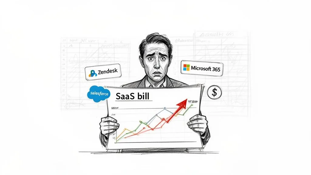 A worried man holds a SaaS bill showing increasing costs, with logos of Salesforce, Zendesk, and Microsoft 365.