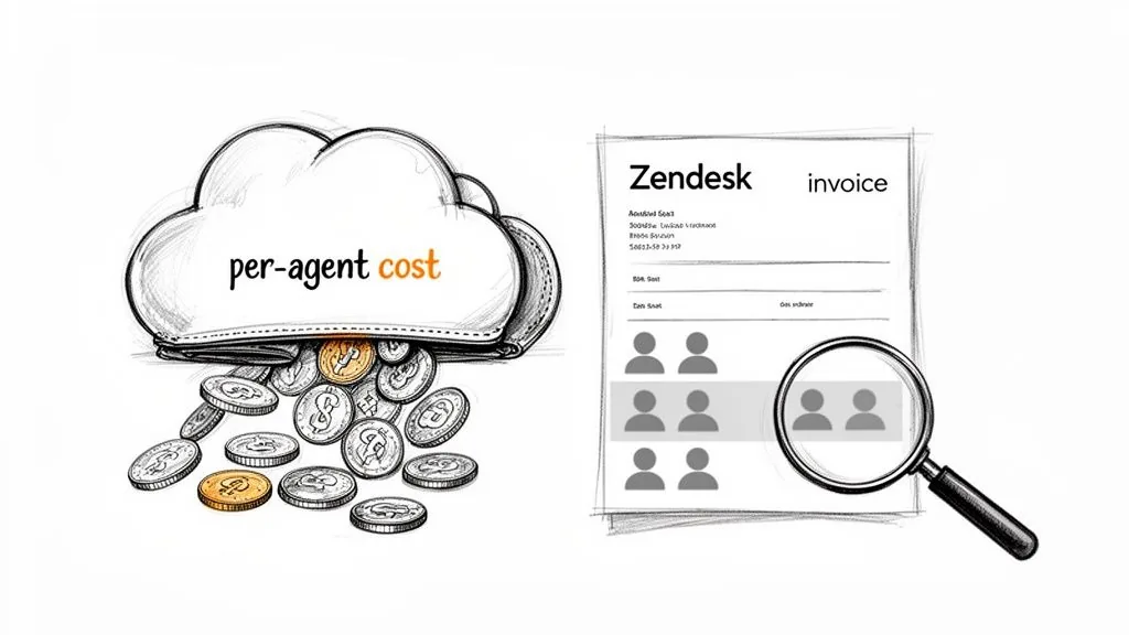Cloud wallet with coins showing per-agent software costs and a Zendesk invoice with agent icons and a magnifying glass.