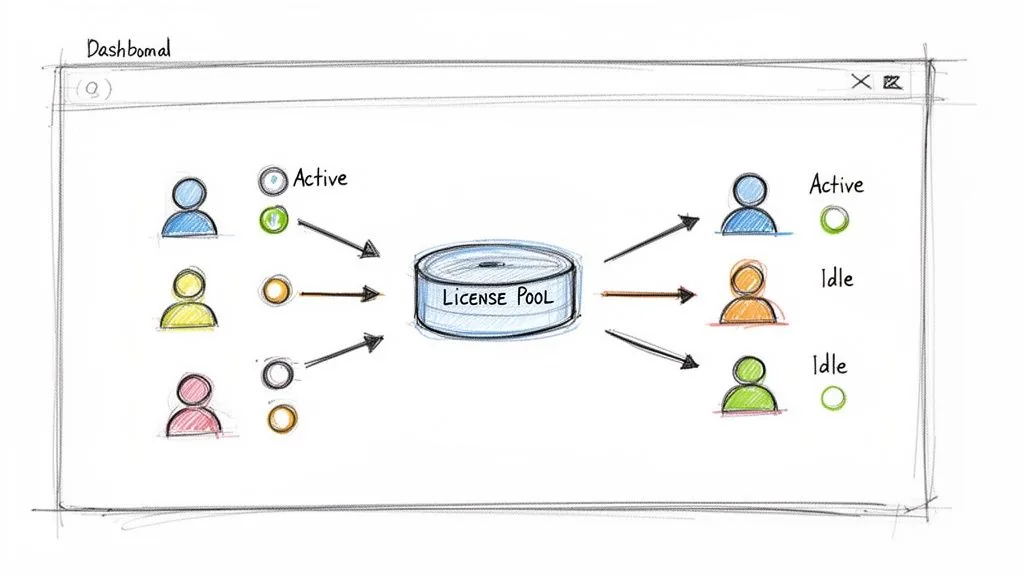 Diagram showing a license pool centralizing software license management for multiple active and idle users.