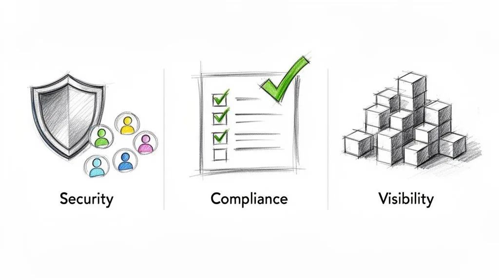 Sketched icons representing the core concepts of security, compliance, and visibility for effective management.