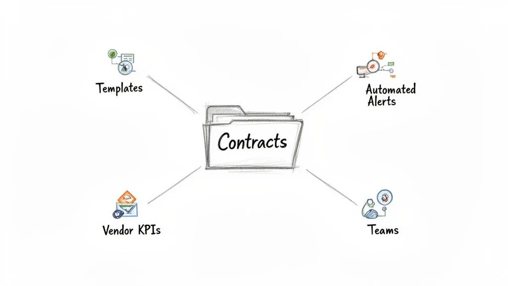 Diagram showing a central 'Contracts' folder connected to Templates, Automated Alerts, Vendor KPIs, and Teams.