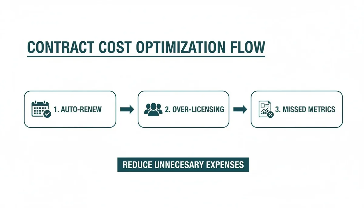 A contract cost optimization flow diagram showing auto-renew, over-licensing, and missed metrics to reduce expenses.