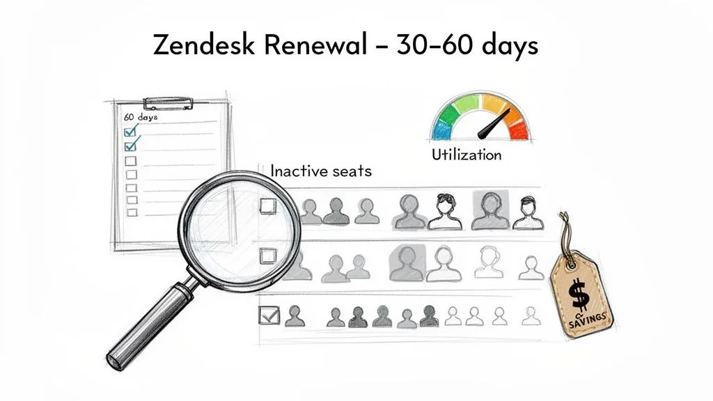 An illustration showing Zendesk renewal optimization with inactive seats, utilization, and cost savings.