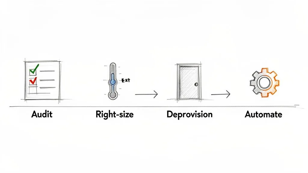 A four-step process flow with icons: Audit checklist, Right-size thermometer, Deprovision door, Automate gear.