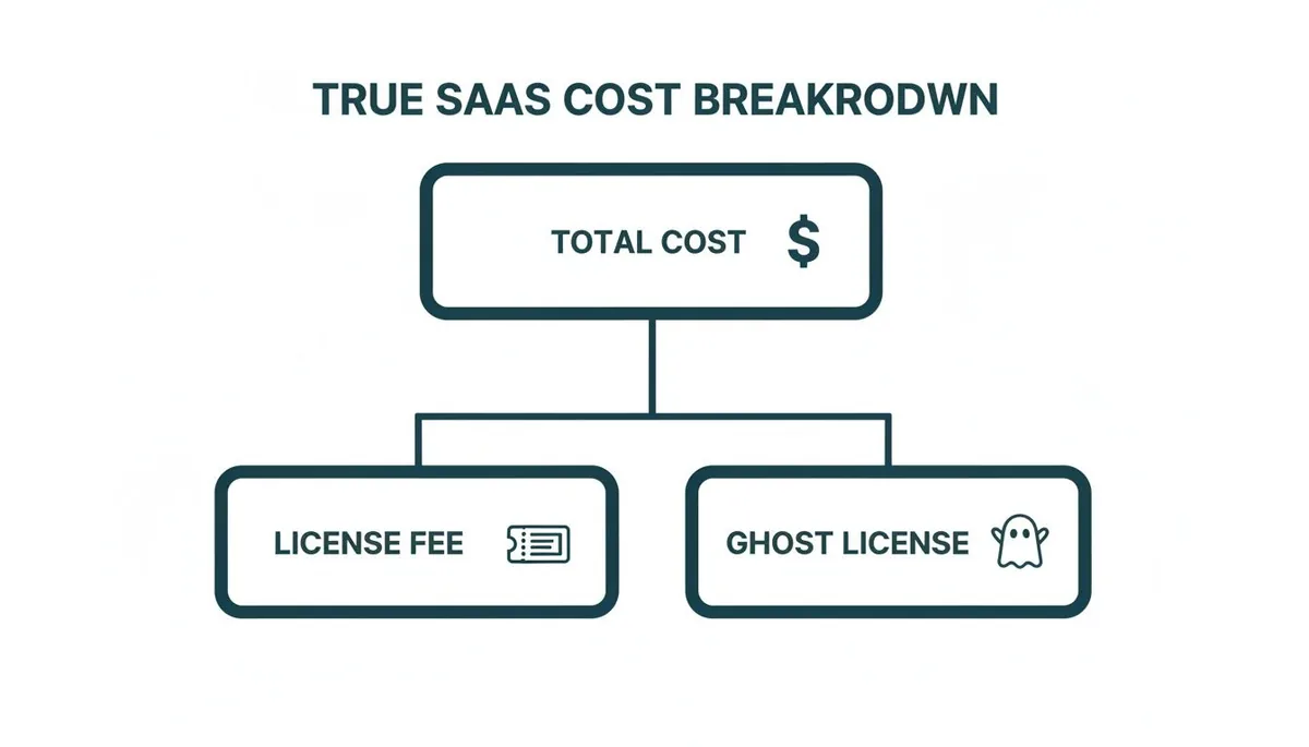Flowchart illustrating the true SaaS cost breakdown into total cost, license fees, and ghost licenses.