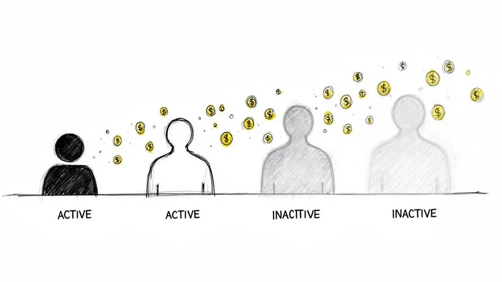 Four person silhouettes, illustrating active and inactive user states with floating dollar signs above them.