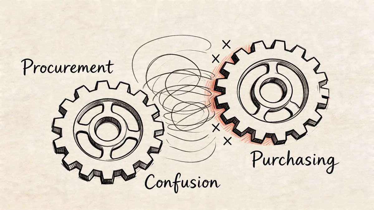 A hand-drawn illustration showing gears labeled Procurement and Purchasing separated by a messy tangle labeled Confusion.