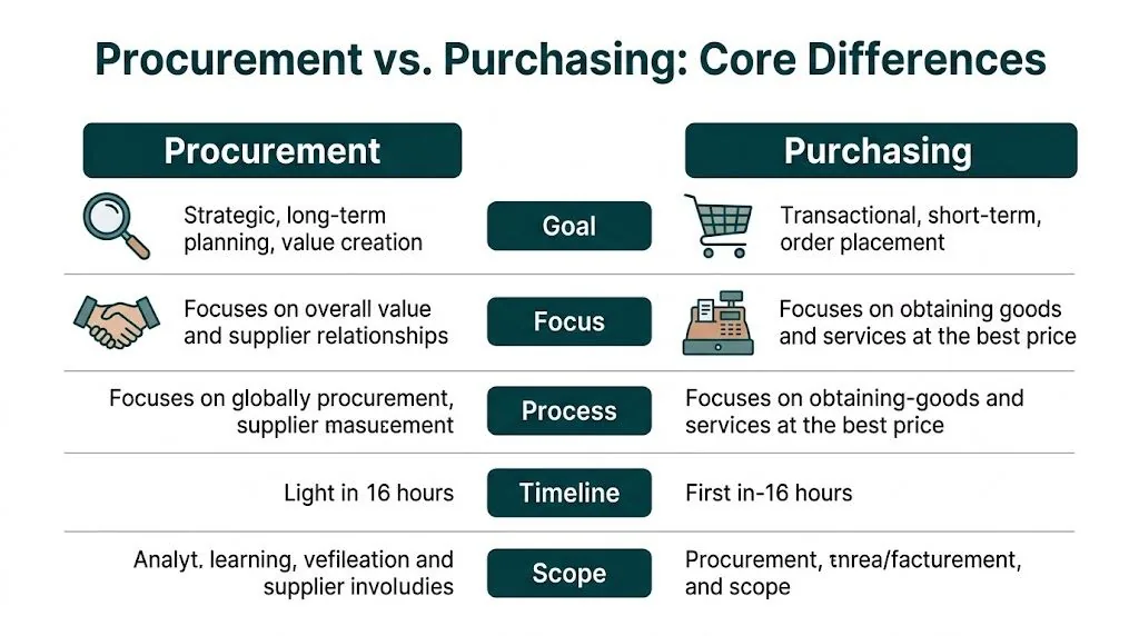 A comparison chart highlighting the core differences between procurement and purchasing across various business operations and strategies.