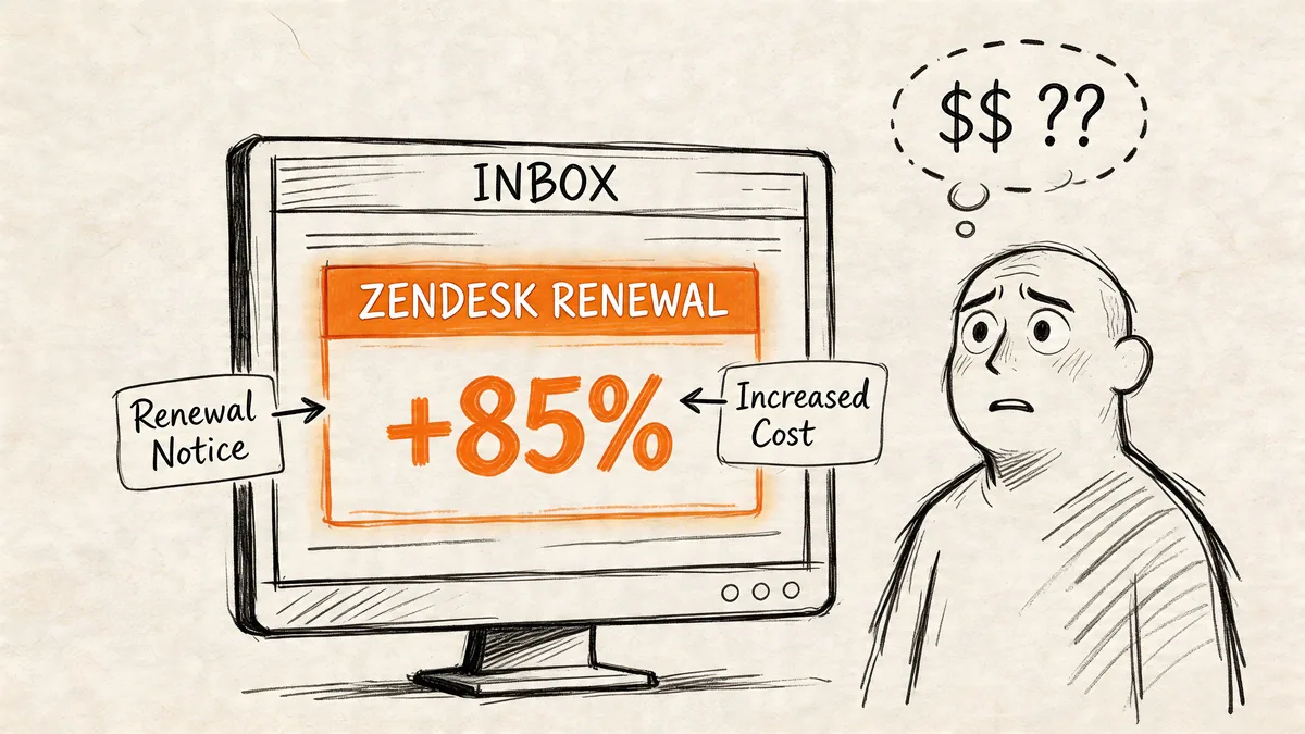 A concerned person looking at a computer screen showing an 85 percent Zendesk renewal price increase.