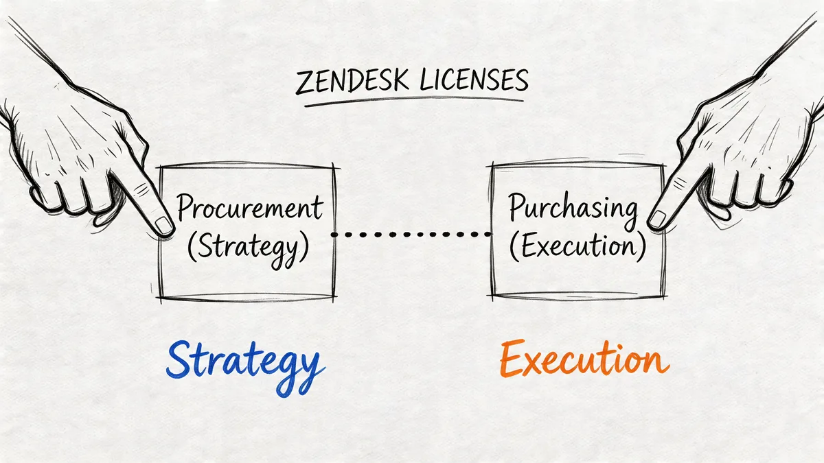 A hand-drawn illustration showing the contrast between Procurement as strategy and Purchasing as execution for Zendesk licenses.