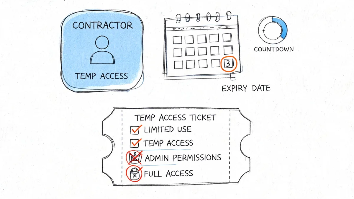 A hand-drawn illustration showing concepts of temporary access for contractors, including an expiry date and ticket constraints.