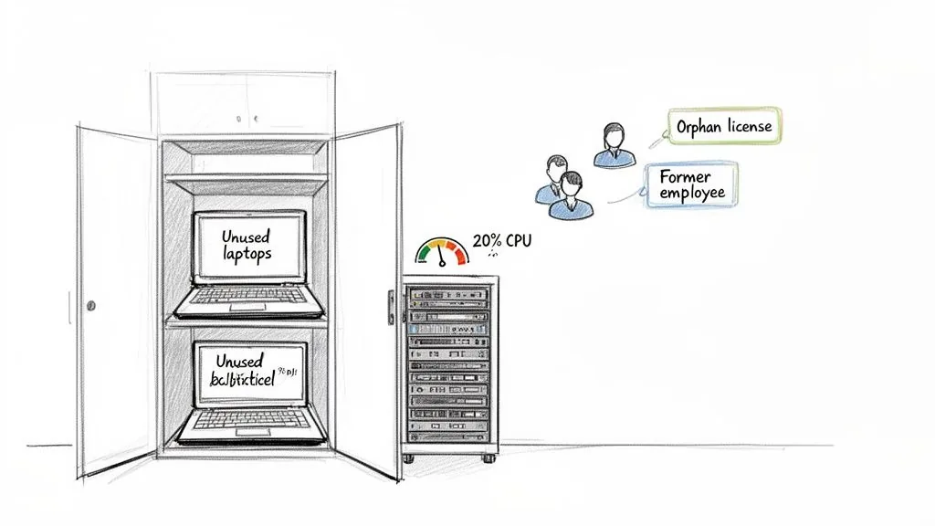 Illustration of IT asset management issues: unused laptops, underutilized server CPU, and orphan software licenses.