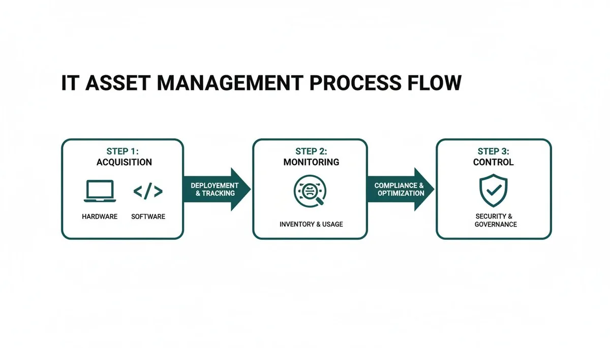 A diagram showing the IT asset management process flow, from acquisition to monitoring and control.