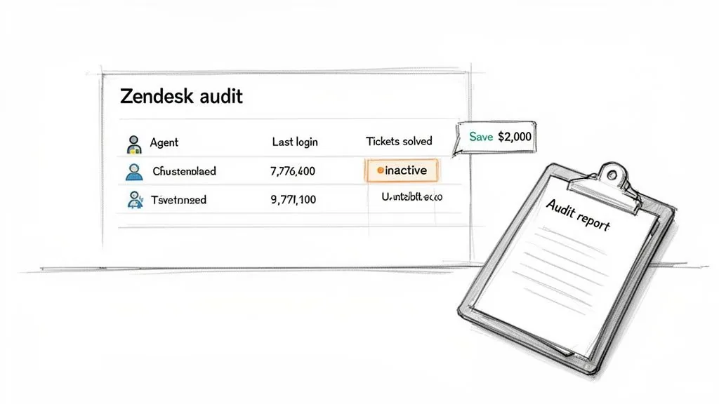 Zendesk audit report illustrating agent activity, an inactive user, and potential cost savings, with an audit report clipboard.