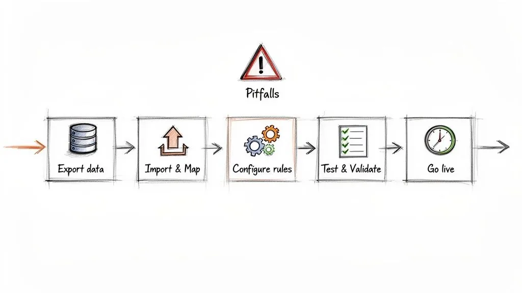 Flowchart illustrating a data migration process: export, import, configure rules, test, and go live, with potential pitfalls.