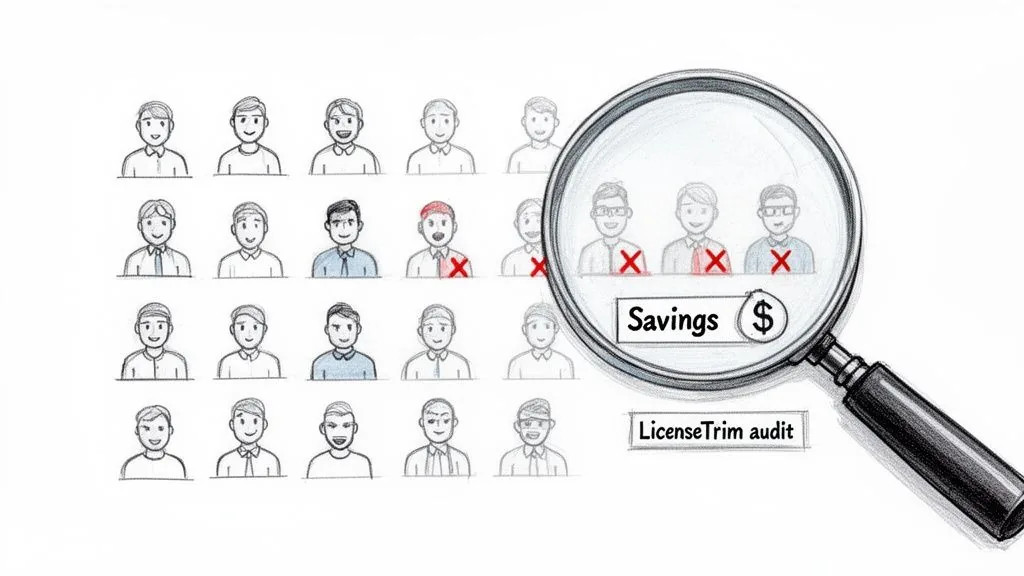 A magnifying glass highlights unnecessary licenses (crossed-out avatars) during a LicenseTrim audit, indicating savings.