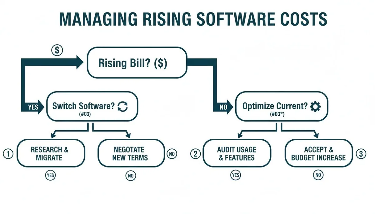 Flowchart illustrating strategies to manage increasing software expenses and rising bills.