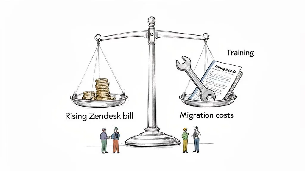 A balance scale illustrating the financial decision between a rising Zendesk bill and migration costs, including training.