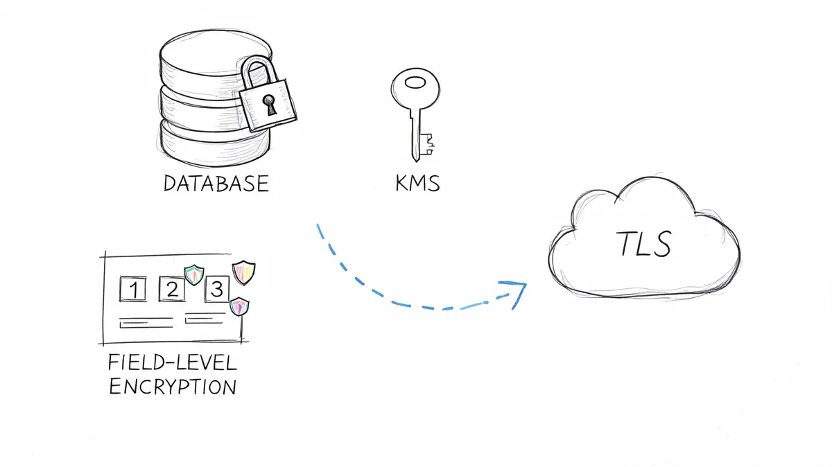 A hand-drawn diagram illustrating database, KMS, field-level encryption, and TLS for secure data management.