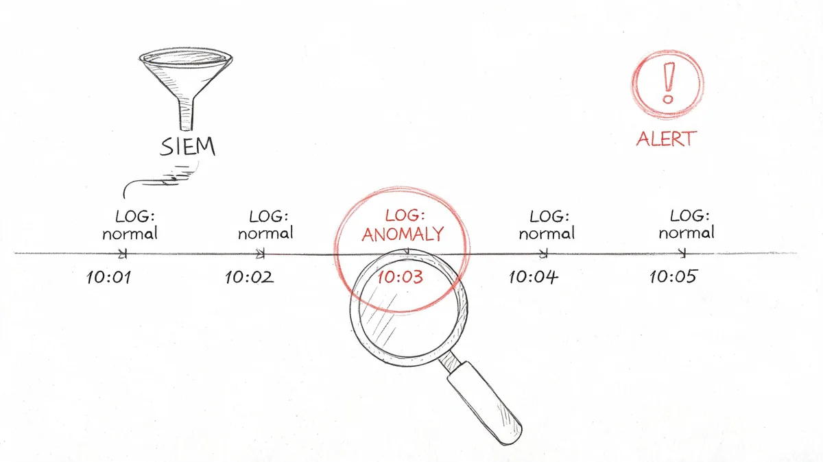 A hand-drawn sketch illustrating a SIEM log monitoring process identifying an anomaly at 10:03, triggering an alert.
