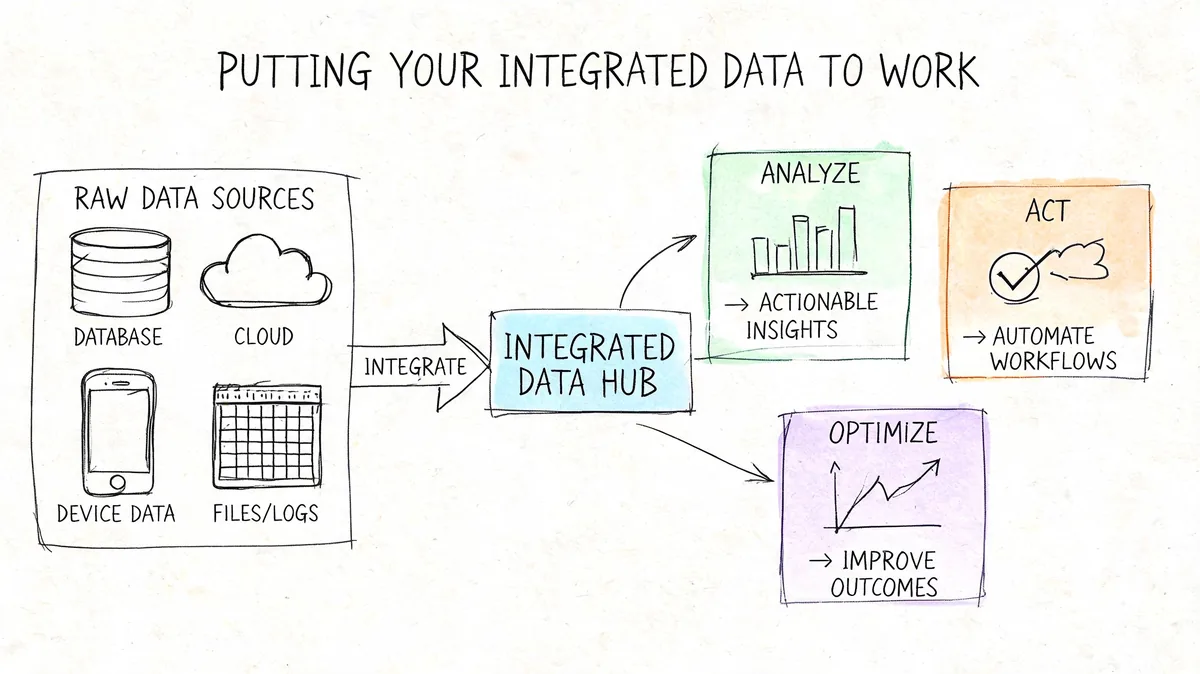 A hand-drawn diagram showing raw data sources feeding into an integrated data hub for analysis, action, and optimization.