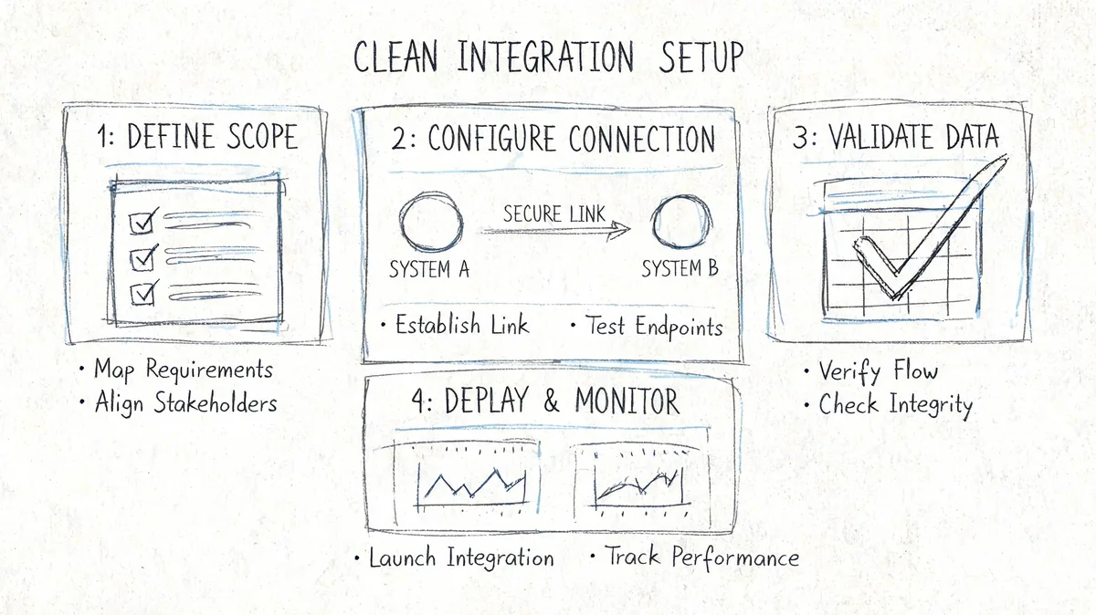 A hand-drawn sketch outlining the four-step process for a clean system integration setup and data workflow.