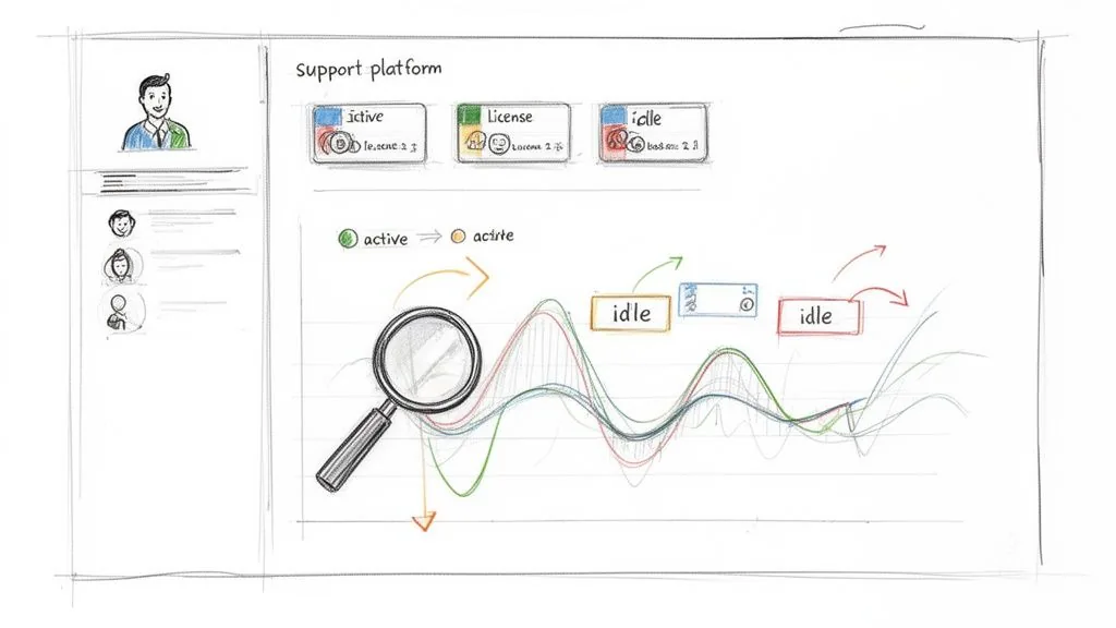 Hand-drawn dashboard sketch showing support platform data, user profiles, status cards, and a trend graph.