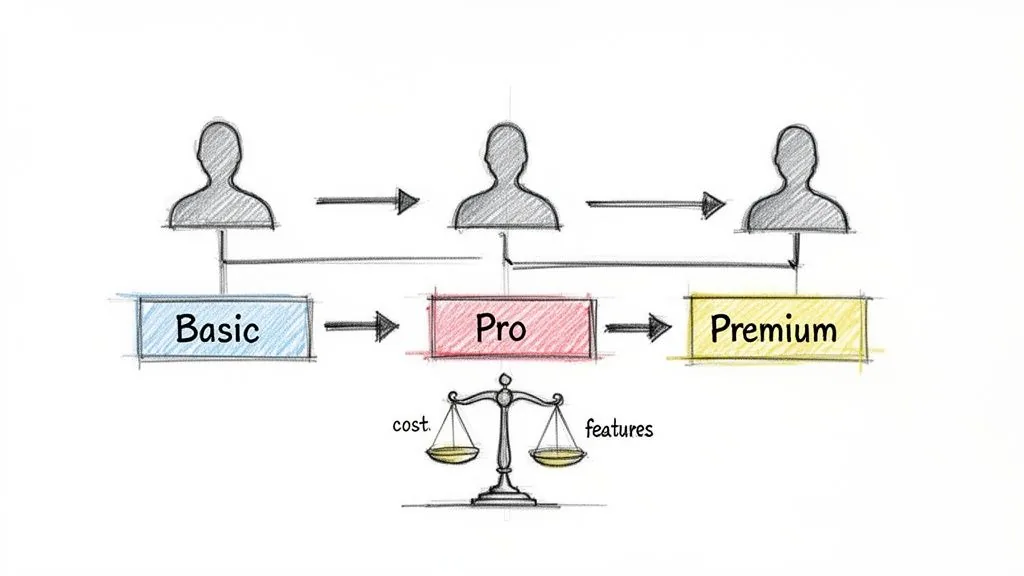 Diagram showing customer progression from Basic to Pro to Premium tiers, balancing cost and features.